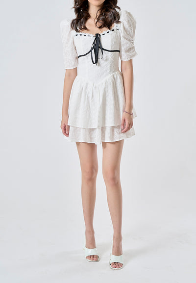 (PRE-ORDER: ETA August 5,2024)Mireil White Eyelet Square Neck with Black Ribbon Short Sleeves Layered Mini Dress