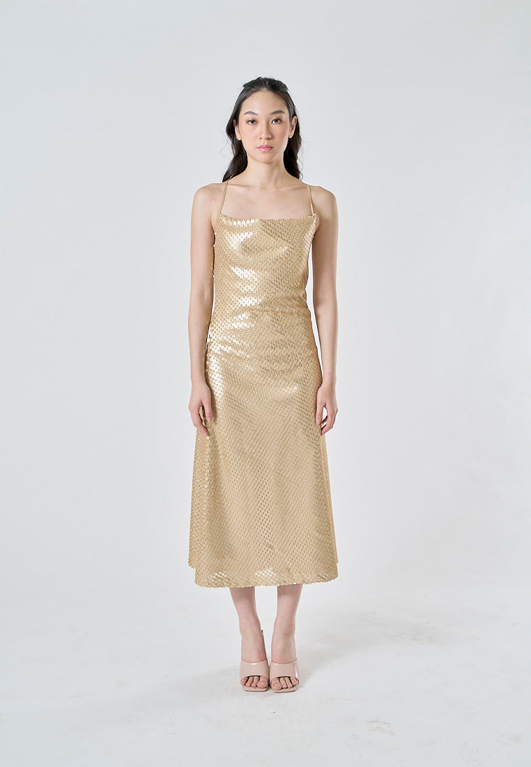 Lucienn Golden Sequin Cowl Neck Thin Strap Cross Back A-Line Slip Midi Dress