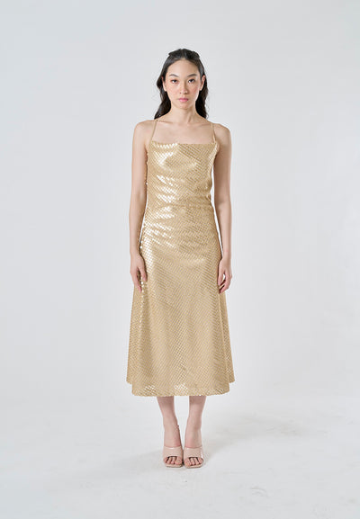 Lucienn Golden Sequin Cowl Neck Thin Strap Cross Back A-Line Slip Midi Dress