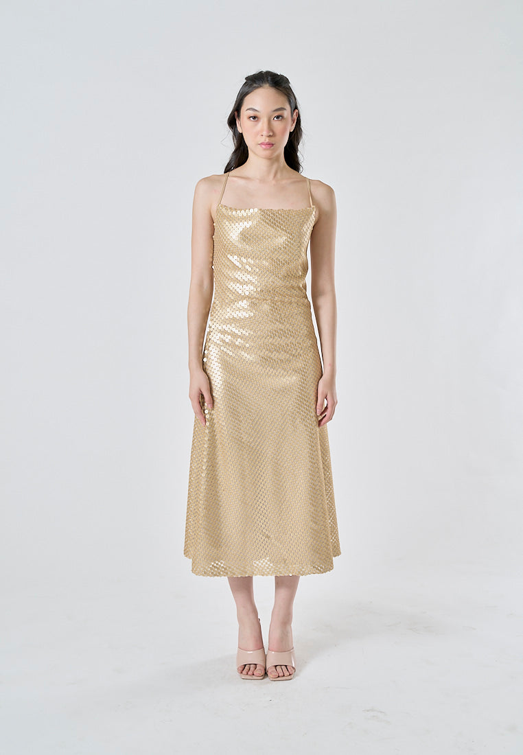 Lucienn Golden Sequin Cowl Neck Thin Strap Cross Back A-Line Slip Midi Dress