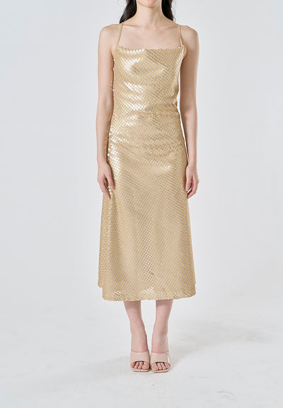 Lucienn Golden Sequin Cowl Neck Thin Strap Cross Back A-Line Slip Midi Dress