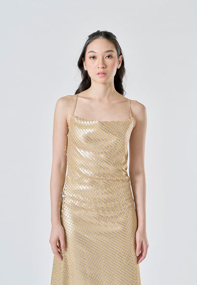 Lucienn Golden Sequin Cowl Neck Thin Strap Cross Back A-Line Slip Midi Dress