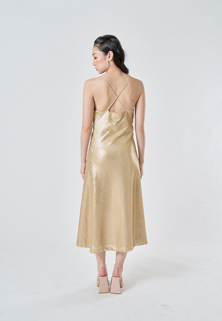 Lucienn Golden Sequin Cowl Neck Thin Strap Cross Back A-Line Slip Midi Dress