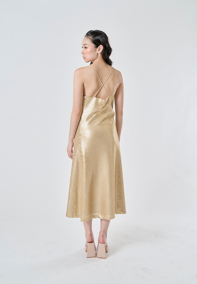 Lucienn Golden Sequin Cowl Neck Thin Strap Cross Back A-Line Slip Midi Dress