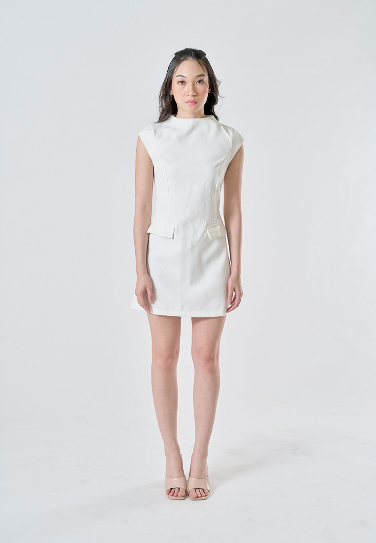 Storm White Crew Neck Cap Sleeves Zipper Back Mini Dress