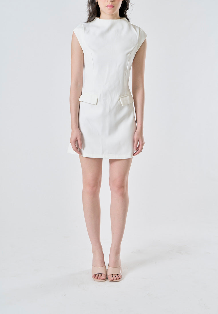 Storm White Crew Neck Cap Sleeves Zipper Back Mini Dress