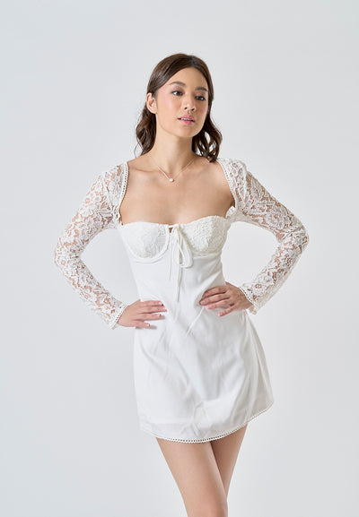 Eulalie White Lace Sweetheart Neckline Long Sleeves Smocked Crisscross Back Mini Dress