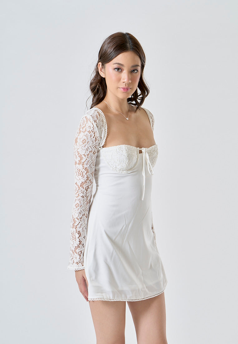 Eulalie White Lace Sweetheart Neckline Long Sleeves Smocked Crisscross Back Mini Dress