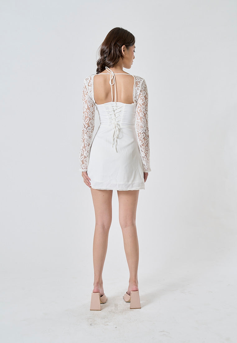 Eulalie White Lace Sweetheart Neckline Long Sleeves Smocked Crisscross Back Mini Dress