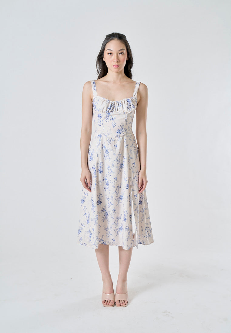 Alonna White Blue Floral Ruched Bust Sleeveless Smocked Zipper Back Midi Dress