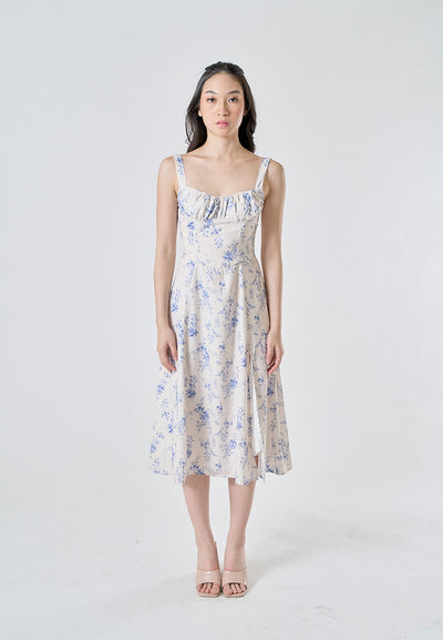 Alonna White Blue Floral Ruched Bust Sleeveless Smocked Zipper Back Midi Dress