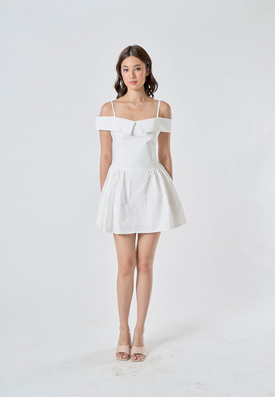 Zasha White Off Shoulder with Thin Strap Zipper Back Pleated Mini Dress