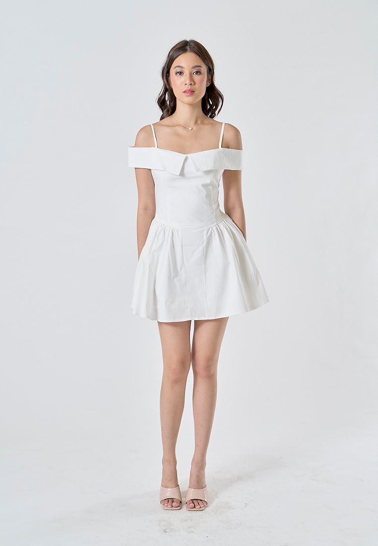 Zasha White Off Shoulder with Thin Strap Zipper Back Pleated Mini Dress