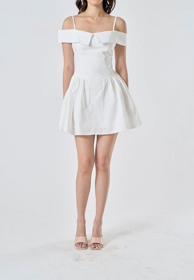 Zasha White Off Shoulder with Thin Strap Zipper Back Pleated Mini Dress