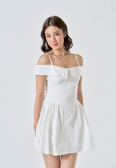 Zasha White Off Shoulder with Thin Strap Zipper Back Pleated Mini Dress