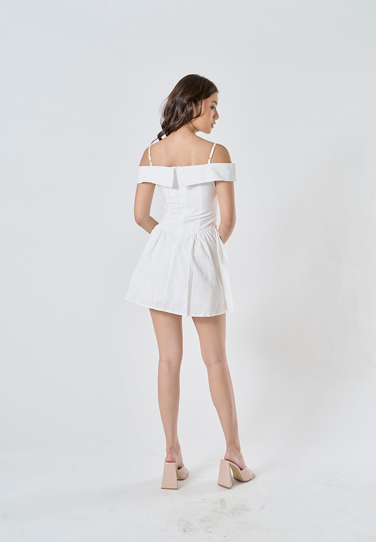 Zasha White Off Shoulder with Thin Strap Zipper Back Pleated Mini Dress