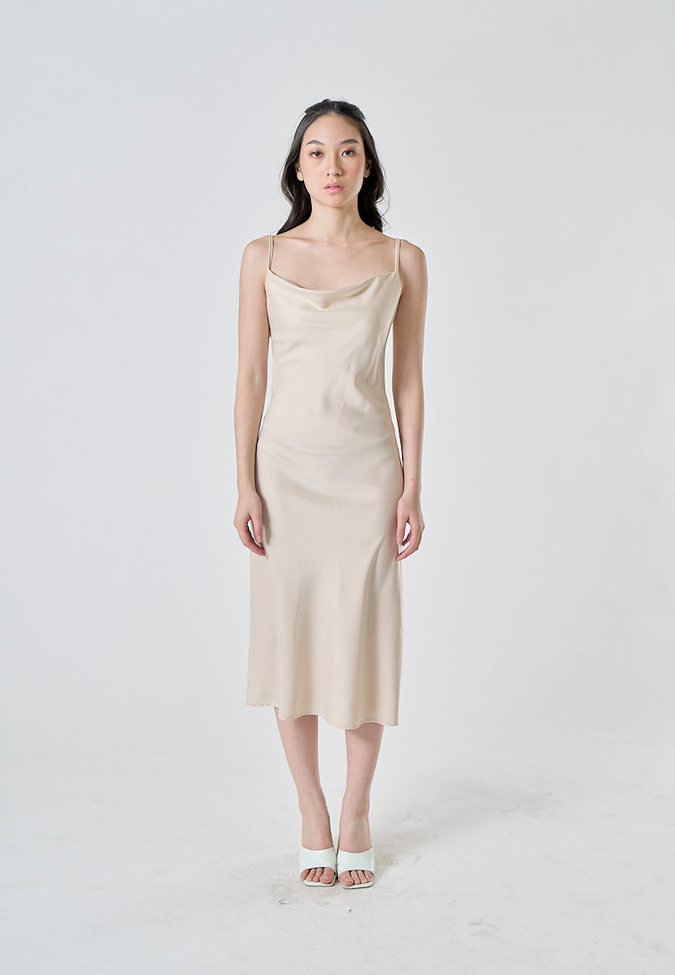 Kailani Beige Cowl Neck Sleeveless Adjustable Strap Slip Midi Dress