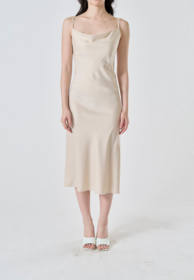 Kailani Beige Cowl Neck Sleeveless Adjustable Strap Slip Midi Dress