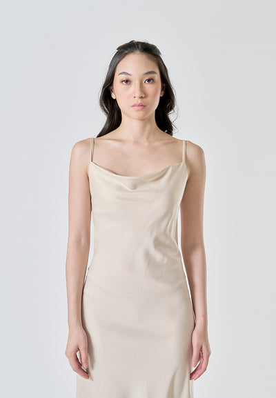 Kailani Beige Cowl Neck Sleeveless Adjustable Strap Slip Midi Dress