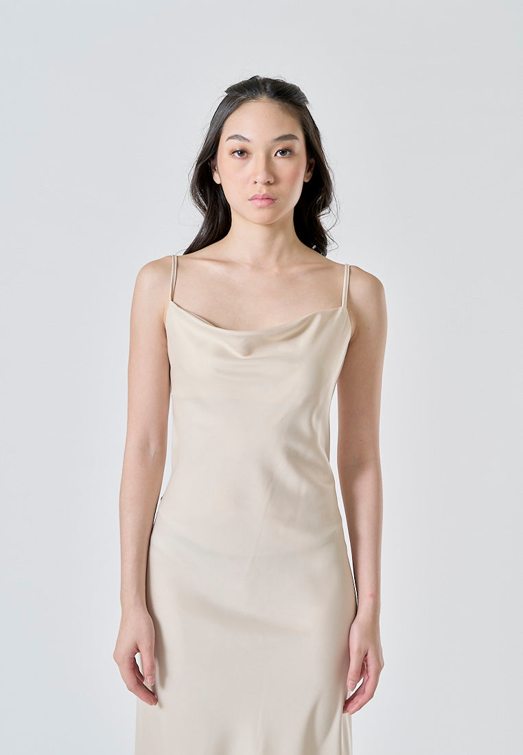 Kailani Beige Cowl Neck Sleeveless Adjustable Strap Slip Midi Dress