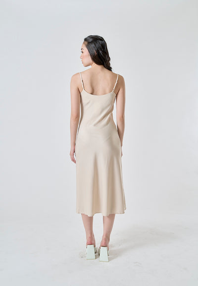 Kailani Beige Cowl Neck Sleeveless Adjustable Strap Slip Midi Dress