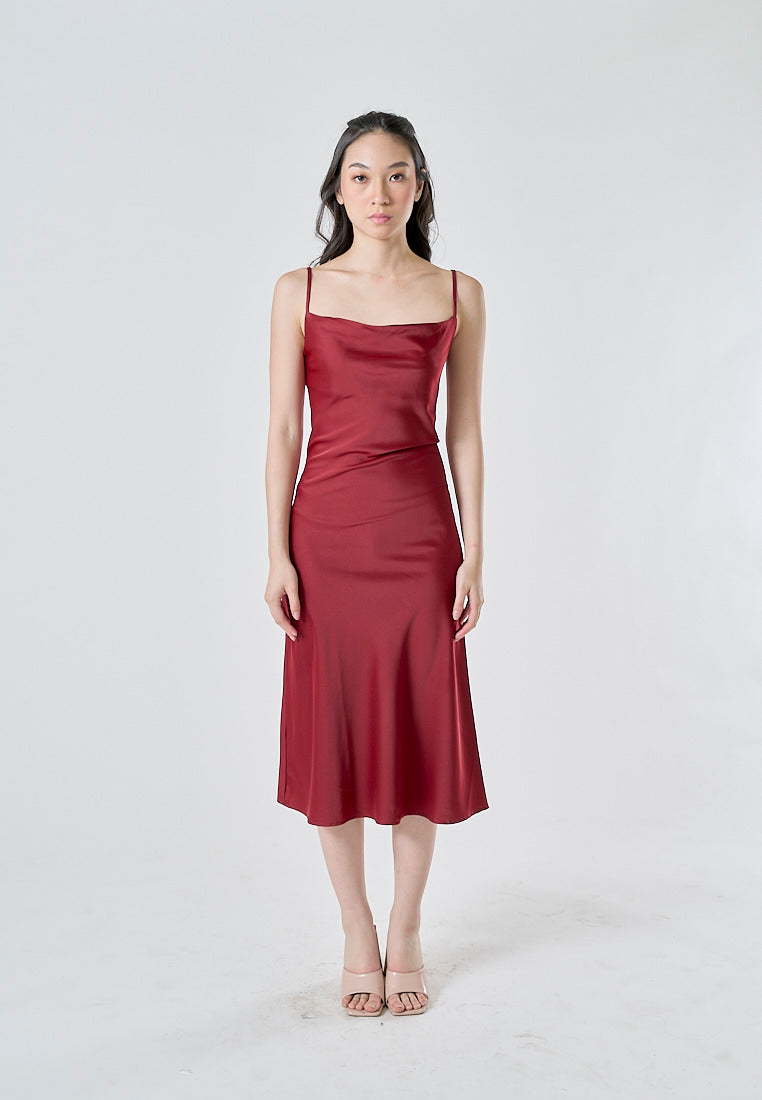 Kailani Burgandy Cowl Neck Sleeveless Adjustable Strap Slip Midi Dress