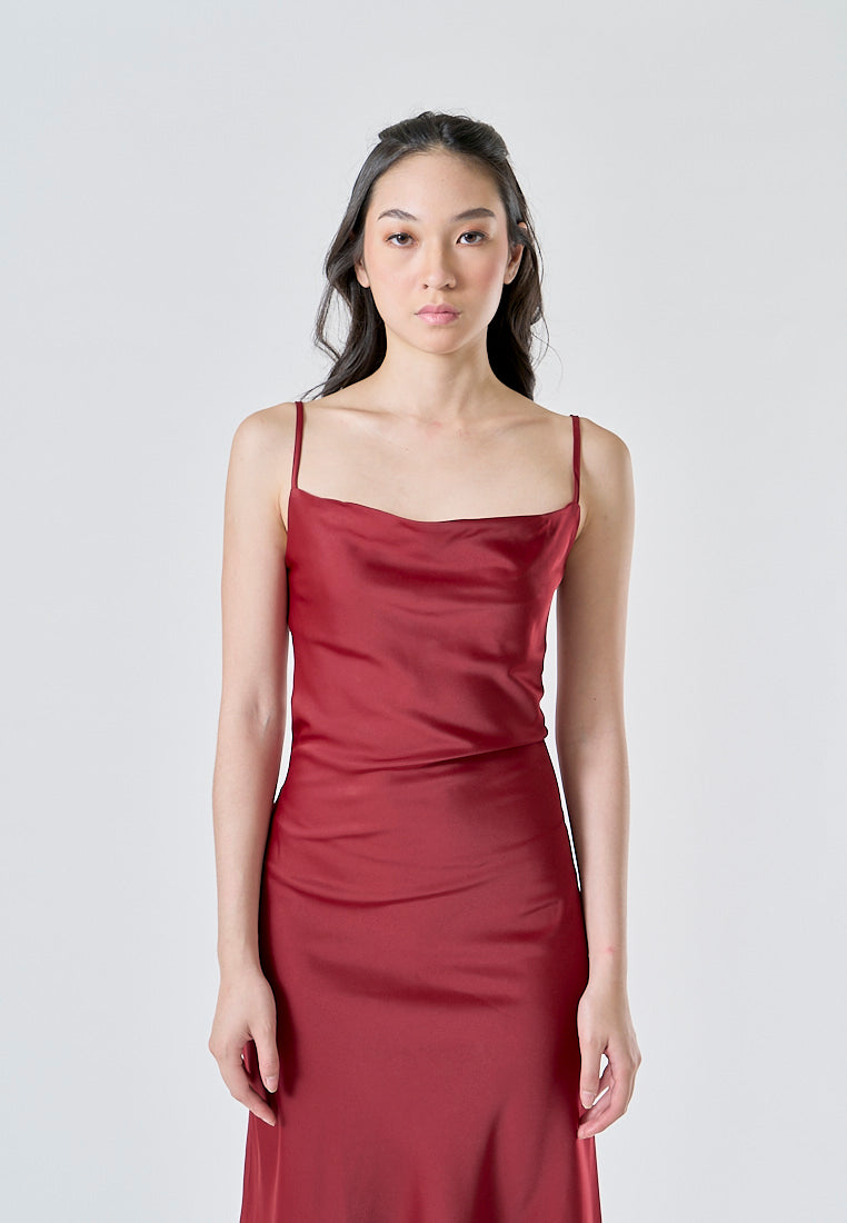 Kailani Burgandy Cowl Neck Sleeveless Adjustable Strap Slip Midi Dress