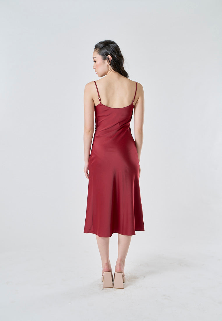 Kailani Burgandy Cowl Neck Sleeveless Adjustable Strap Slip Midi Dress