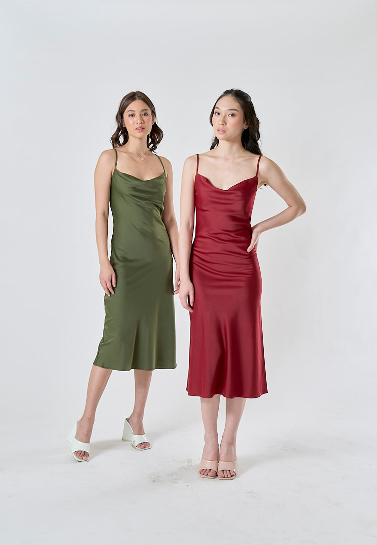 Kailani Burgandy Cowl Neck Sleeveless Adjustable Strap Slip Midi Dress