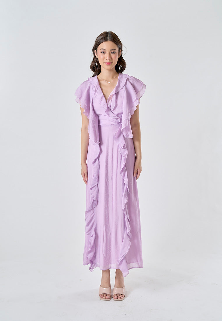 Risette Lavander V Neck Short Sleeves Zipper Back Ruffles Maxi Dress