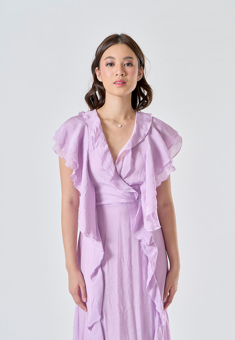 Risette Lavander V Neck Short Sleeves Zipper Back Ruffles Maxi Dress