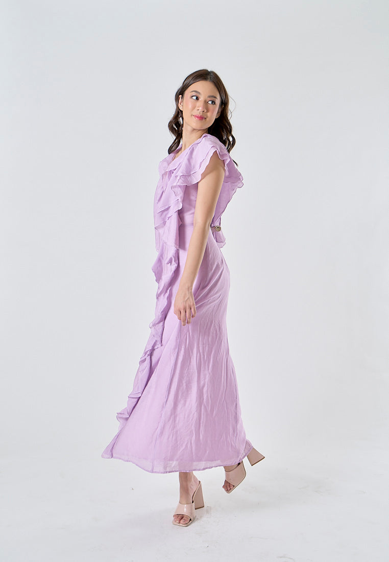 Risette Lavander V Neck Short Sleeves Zipper Back Ruffles Maxi Dress