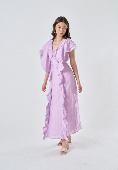 Risette Lavander V Neck Short Sleeves Zipper Back Ruffles Maxi Dress