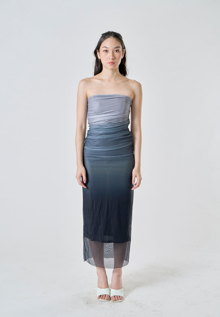 Katniss Graphite And Black Gradient Tie Dye Mesh Pleated Bodycon Tube Midi Dress