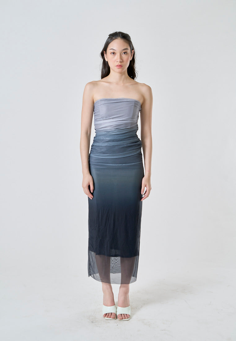 Katniss Graphite And Black Gradient Tie Dye Mesh Pleated Bodycon Tube Midi Dress