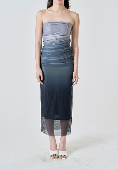 Katniss Graphite And Black Gradient Tie Dye Mesh Pleated Bodycon Tube Midi Dress