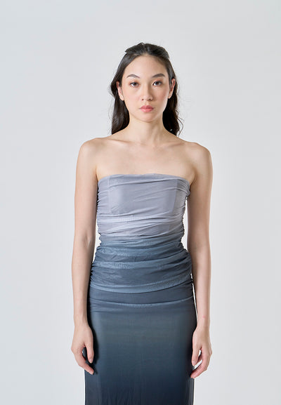 Katniss Graphite And Black Gradient Tie Dye Mesh Pleated Bodycon Tube Midi Dress