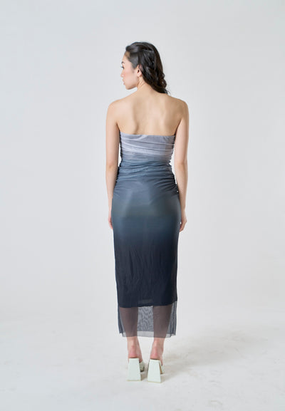 Katniss Graphite And Black Gradient Tie Dye Mesh Pleated Bodycon Tube Midi Dress