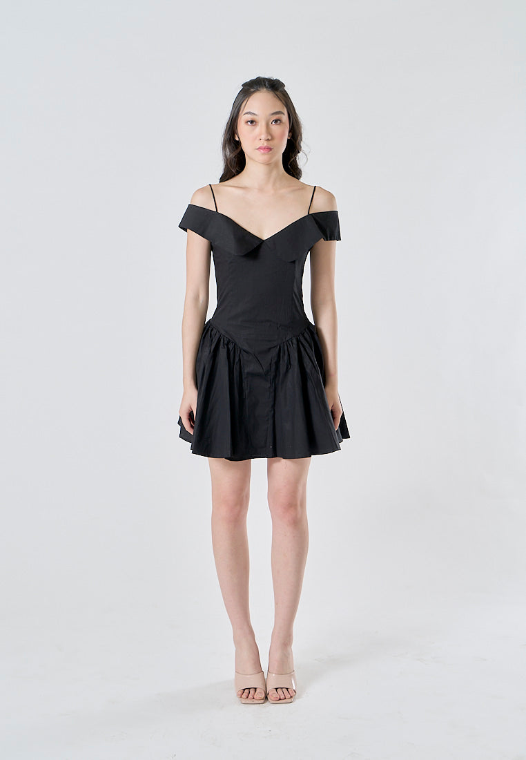 Aerwyna Black V Neck Off Shoulder with Thin Strap Zipper Back Pleated Mini Dress