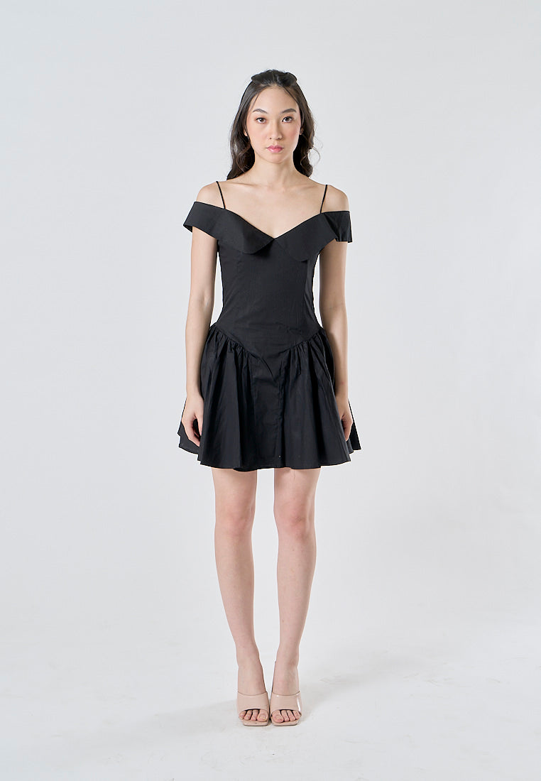 Aerwyna Black V Neck Off Shoulder with Thin Strap Zipper Back Pleated Mini Dress