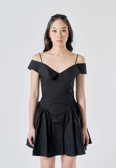 Aerwyna Black V Neck Off Shoulder with Thin Strap Zipper Back Pleated Mini Dress