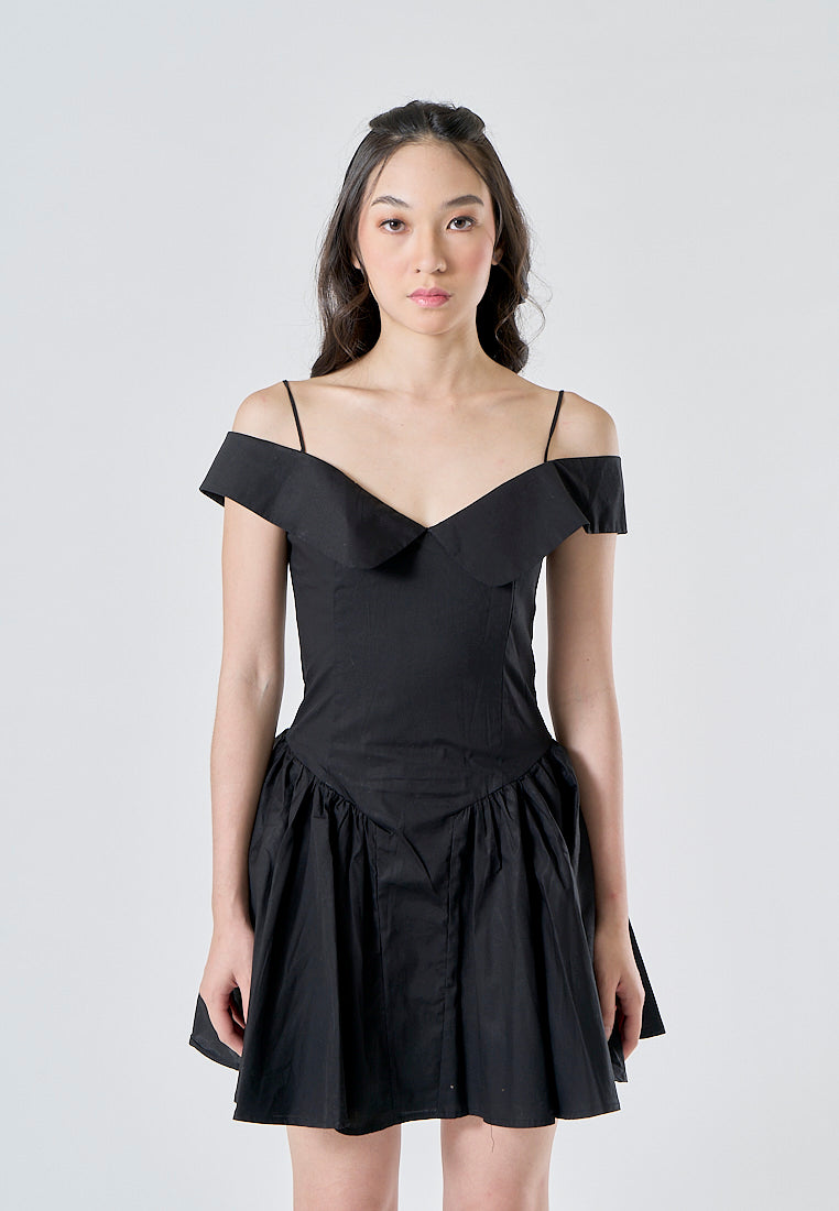 Aerwyna Black V Neck Off Shoulder with Thin Strap Zipper Back Pleated Mini Dress