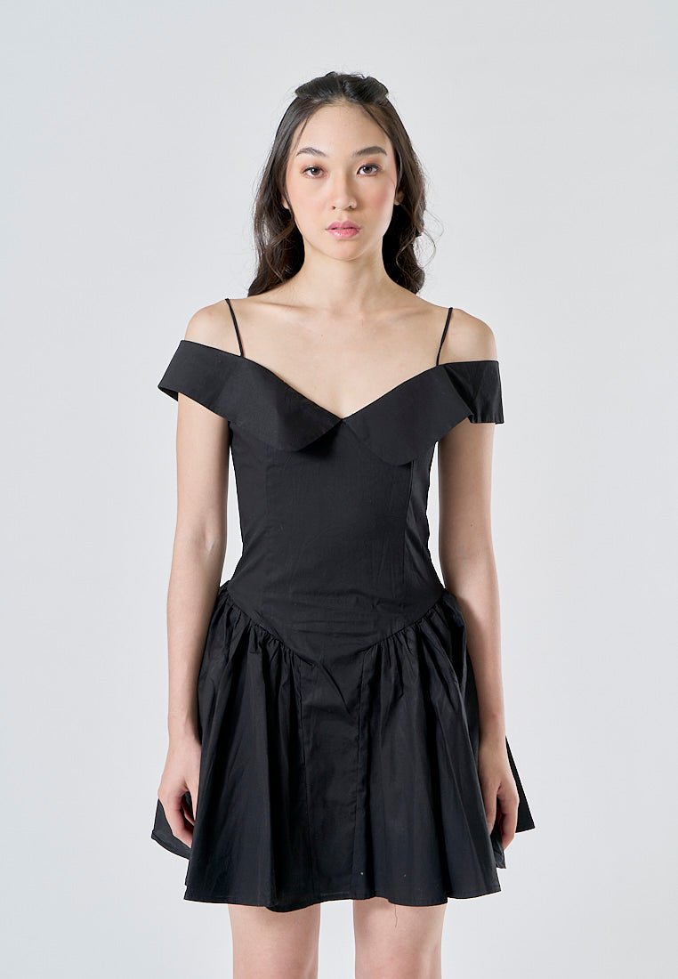 Aerwyna Black V Neck Off Shoulder with Thin Strap Zipper Back Pleated Mini Dress