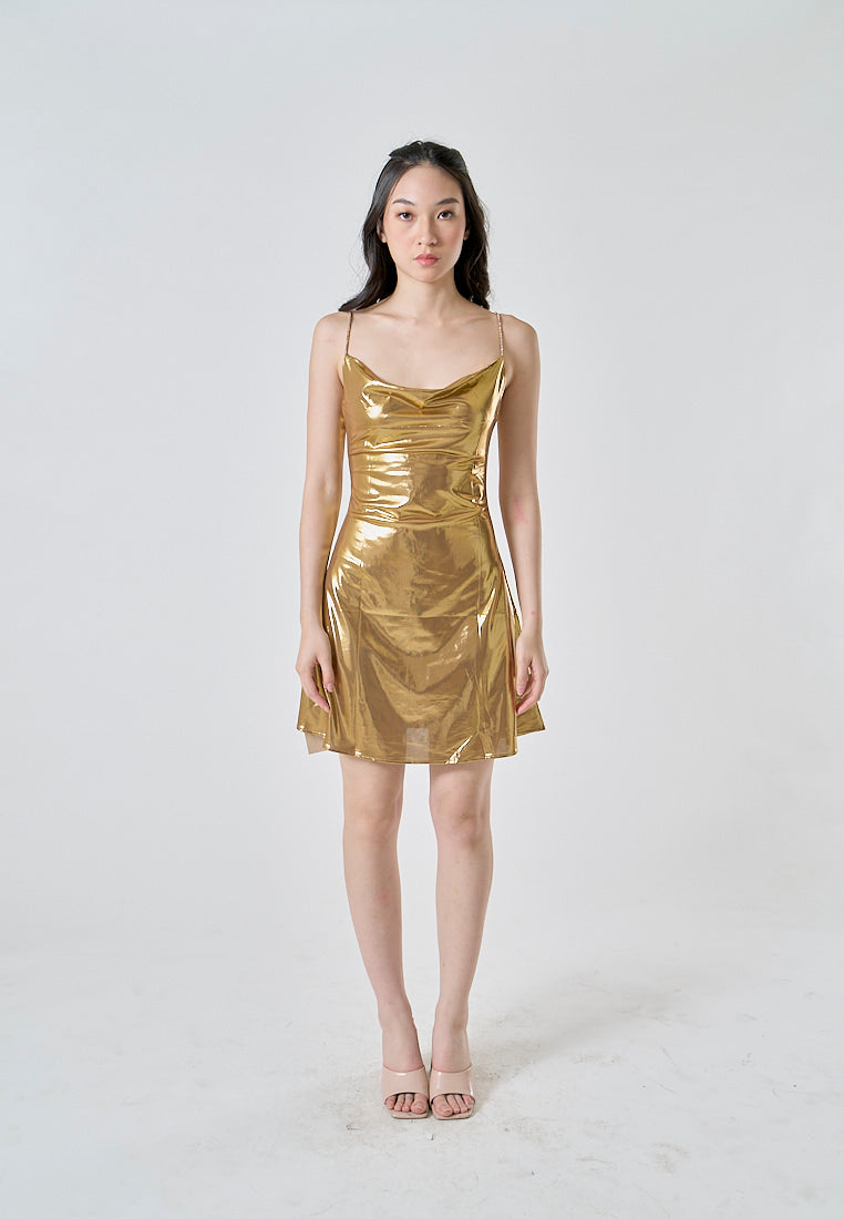 Adoline Gold Silk Cowl Neckline Sleeveless Mini Dress