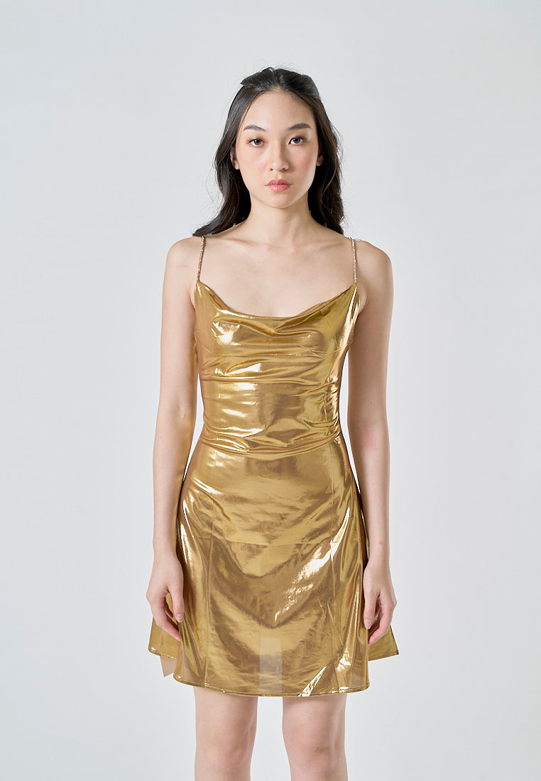 Adoline Gold Silk Cowl Neckline Sleeveless Mini Dress