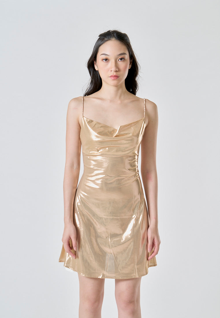 (PRE-ORDER: ETA August 5,2024)Adoline Beige Silk Cowl Neckline Sleeveless Mini Dress