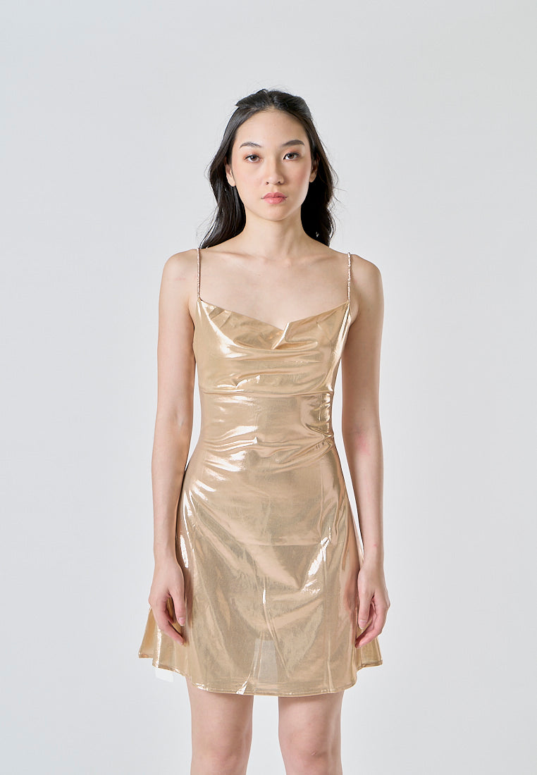(PRE-ORDER: ETA August 5,2024)Adoline Beige Silk Cowl Neckline Sleeveless Mini Dress