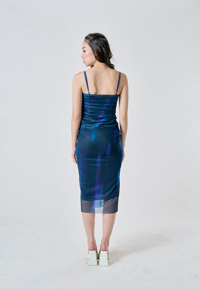 Ebony Midnight Blue and Black Mesh Pleated Ruched Slip Bodycon Midi Dress