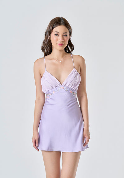 Fayette Lilac Floral Embroidery V Neck Thin Strap Sleeveless Mini Dress