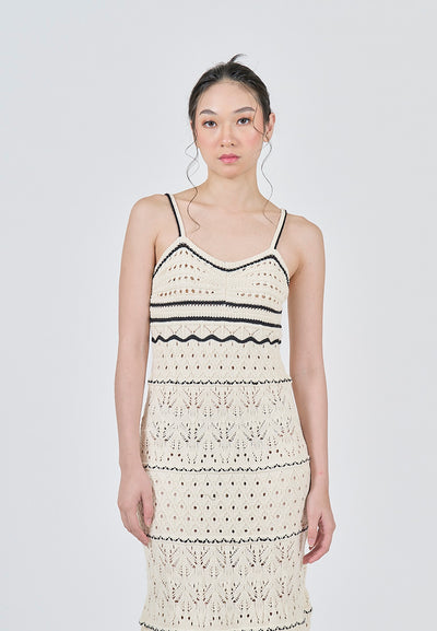 Ruthvi Beige with Black Detals Knitted Eyelet Sleeveless A-Line Midi Dress